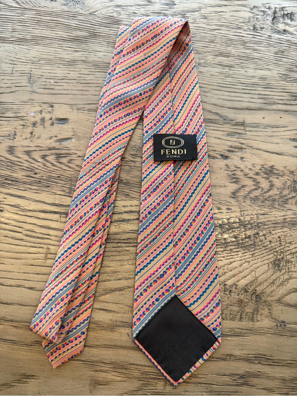 Fendi Men's Peach-Pink Striped Silk Tie with Blue Accents